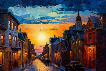 Town at dusk, oil painting with an impressionist style. Generative AI