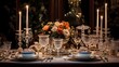 Festive table setting for wedding or another catered event dinner.