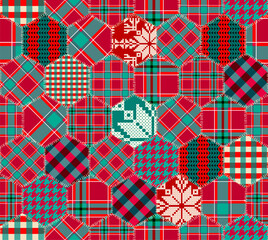 Fototapete - Patchwork textile pattern. Seamless quilting design background. Merry Christmas cozy pattern.
