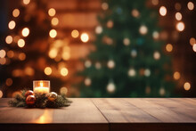 Wooden Table With Burning Candle And Christmas Tree On Blurred Background.