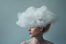 Close Up Of A Woman With A Cloud On Her Head, Concept Of Depression 