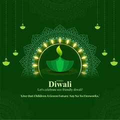 Wall Mural - Vector illustration of Happy Green Diwali social media feed template