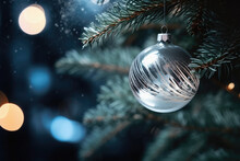 Christmas Tree With Silver Bauble On Bokeh Background, Closeup.