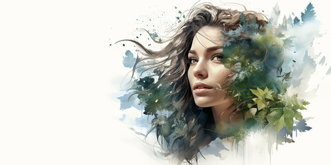 Wall Mural - Abstract portraite of beautiful young woman. Double exposure of female with background of nature, forest. Resource of Mental Health, eco style. Watercolor illustration, copy space, banner