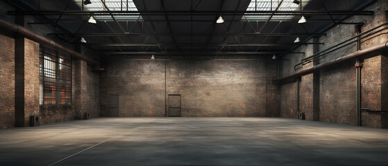 Industrial loft style empty old warehouse interior,brick wall,concrete floor