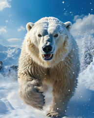 Wall Mural - Portrait of a polar bear running through the snow.