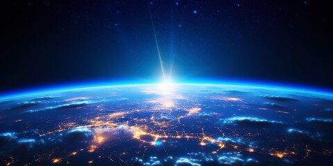Wall Mural - panoramic view on planet earth globe from space with rising sun. glowing city lights, light clouds. 