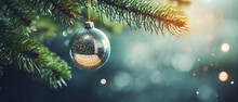 Christmas And New Year Background. Decorated Christmas Tree Bauble On Bokeh Background.
