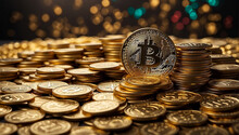 A Magnificent Bitcoin Coin At The Top Of A Mountain Of Various Crypto Coins