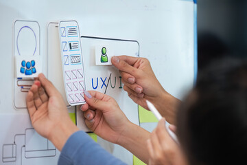 Wall Mural - close up ux developer and ui designer use augmented reality brainstorming about mobile app interface