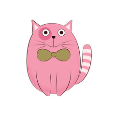 Wall Mural - Pink cat. Cute smiling pink cat with a green bow. Cartoon cat. Vector illustration isolated on a white background