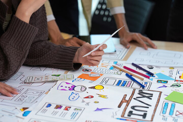 Wall Mural - close up ux developer and ui designer use augmented reality brainstorming about mobile app interface