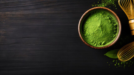 Matcha tea powder in a wooden plate on dark background with whisk, top view, copy space. Generative AI