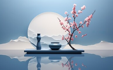Wall Mural - 3d mock up of an empty display stand with flowers in vases, in the style of dark azure, japanese abs