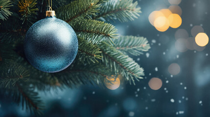 Christmas tree branch with blue bauble and bokeh lights background.