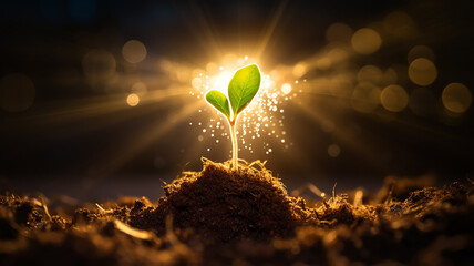 green young tree sprout on a blue blurred background idea business startup investment success