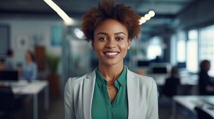 Portrait of beautiful professional African American businesswoman looking at camera with a out of focus office in the background. Modern corporate office workplace scene.