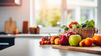 Wall Mural - fresh vegetables and fruits in a modern kitchen in a shopping bag