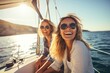 A group of friends enjoy a fun and happy summer vacation on a sailing yacht, filled with laughter and adventure.