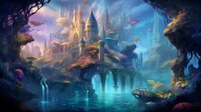 Fantasy Landscape With Lake And Mosque. Panoramic Image.