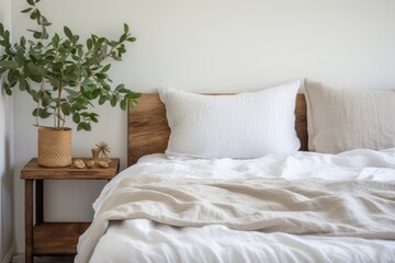 Wall Mural - Bed with organic bed linen. Details of modern minimal bedroom