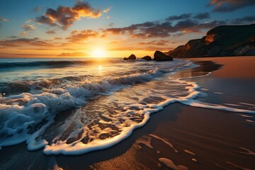 Wall Mural - Panoramic tropical beach and seascape with orange and golden sunset sky, soft sand, calmness, tranquil relaxing sunlight, summer mood.