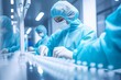 scientist researcher medical worker in blue sanitary gloves, face mask, protection clothes controlling medicinal products vaccine vials at pharmaceutical factory. Pharma assembly line with liquid meds