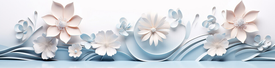 Wall Mural - flowers paper sculpture ornament white background long narrow row.