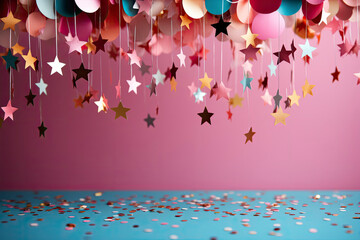 Wall Mural - Frame made of colored confetti. Pink and blue party background.