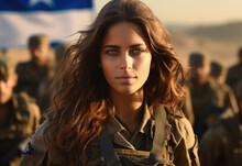 Shot Of Israeli Soldiers Woman With The Israeli Flag In The Background Before A War.