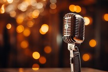 A Close-up Of A Vintage Luxurious Microphone On A Stand In A Singing Performance Club, Fairy Lights And Bokeh In The Background. Jazz Music Cozy Atmosphere