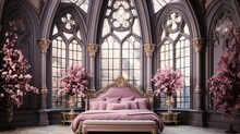 luxurious bedroom with gothic window