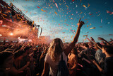 Fototapeta Londyn - crowd partying stage lights live concert summer music festival