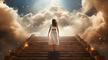 Woman Going To Heaven On Heaven Stairs With Clouds And Sunlight. Generative AI