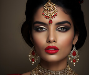 Wall Mural - Stylish Indian Woman with Red Lips in Fashion Photography