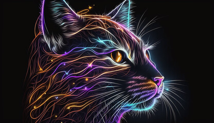  neon glow portrait of a cat on a black background.