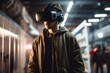 A person young man wearing a VR headset and experiencing virtual reality shopping or playing a video game. The innovative and immersive aspects of online shopping.