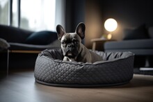 A Small Dog French Bulldog Comfortably Nestled In A Well-designed And High-quality Pet Bed, Showcasing The Utmost Care And Attention To Pets' Comfort And Well-being.