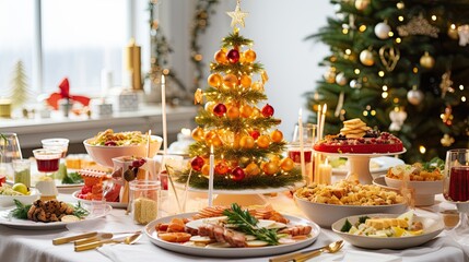  Christmas table set with Christmas foods, Christmas tree in the background