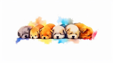 Wall Mural - multicolored watercolor puppies on a white background.