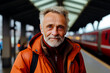 © Nikname - Elderly man in orange jacket standing at a train station waiting for a train.