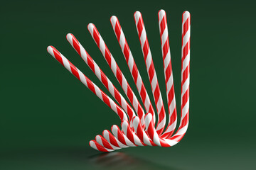 Lots of sweet red New Year candies on a green background. 3d rendering illustration