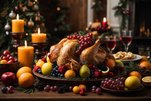 Table With Christmas Turkey Decorated With Fruits