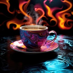 Sticker - A cup of coffee with a colorful design on the saucer, AI