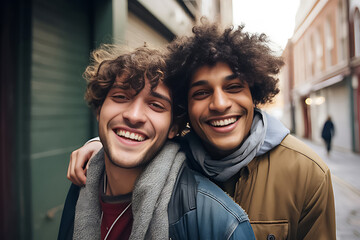 The portrait of two male friends, standing together in the vibrant downtown city streets during the daytime. Generative AI.