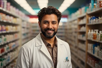 Wall Mural - handsome short brown hair and bearded happy magister male wearing White medical coat and checking the stock of medicine on the shelves in the pharmacy. Generative Ai.