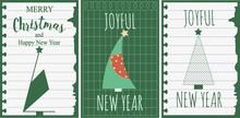 Creative Set Christmas Greeting Card Cover With Vintage Torn Paper Sheets And Geometrical  Xmas Tree. Trendy Xmas And New Year Collage Of Retro Celebration Poster. Vector Illustration.