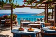  a picturesque seascape with a traditional seaside Greek taverna, where fresh seafood dishes are served with a view