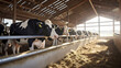 Modern farm barn with healthy dairy cows. Farming business concept, caring for livestock.