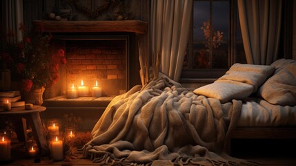 Wall Mural - A cozy room with a fireplace, candles and a blanket, AI